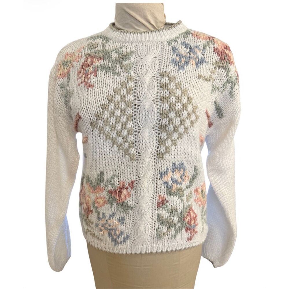 Allison Brittney Pastel Floral Hand Knit Sweater Medium